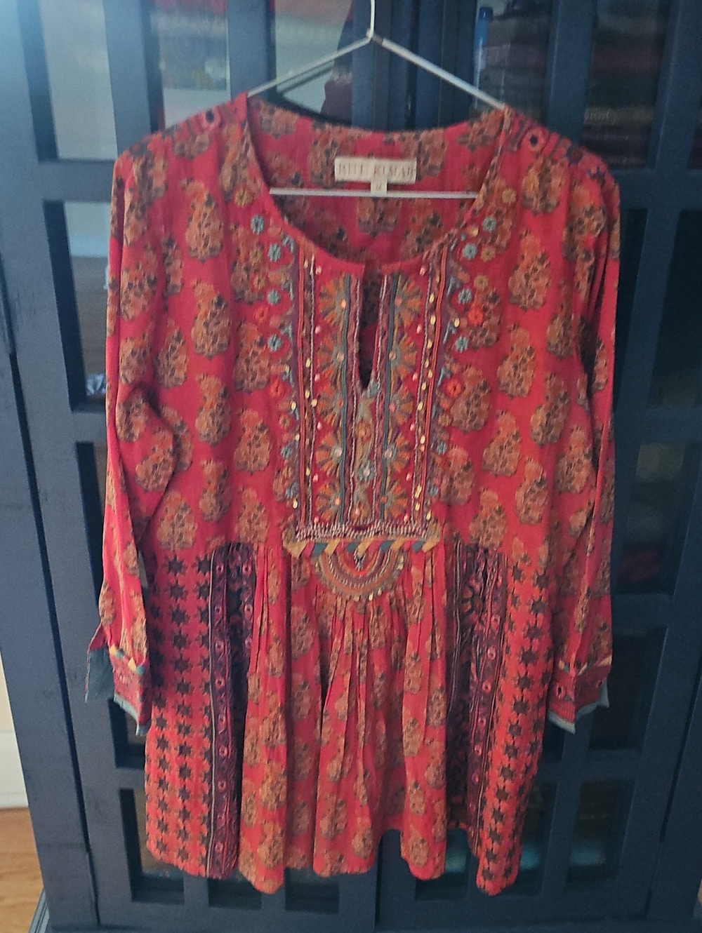Antik Batik Red Floral Embroidered Boho Tunic
